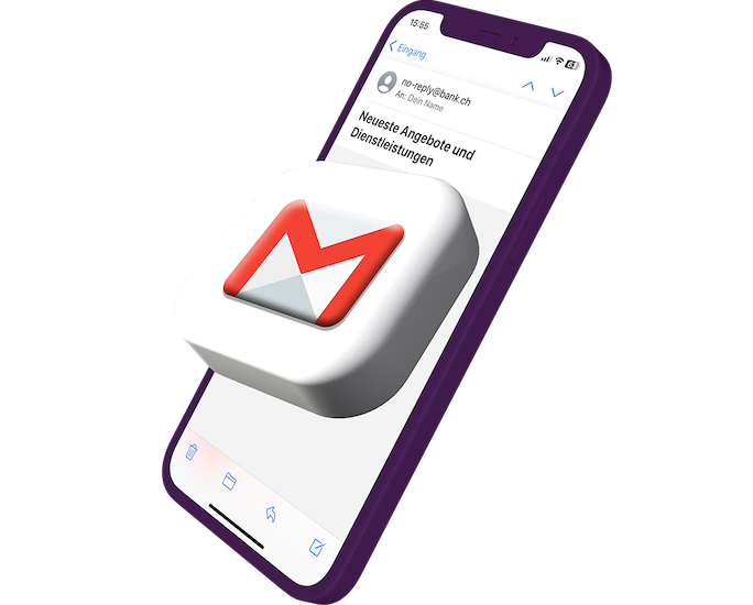 Mockup einer E-Mail einer Bank auf dem iPhone mit einem animierten E-Mail-Emoji..