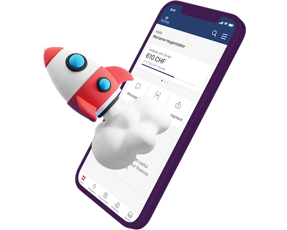 Mockup einer Mobile Banking App auf dem iPhone mit einer animierten Rakete.