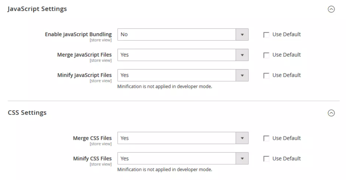 The illustration shows the CSS and Javascript settings in the Magento backend