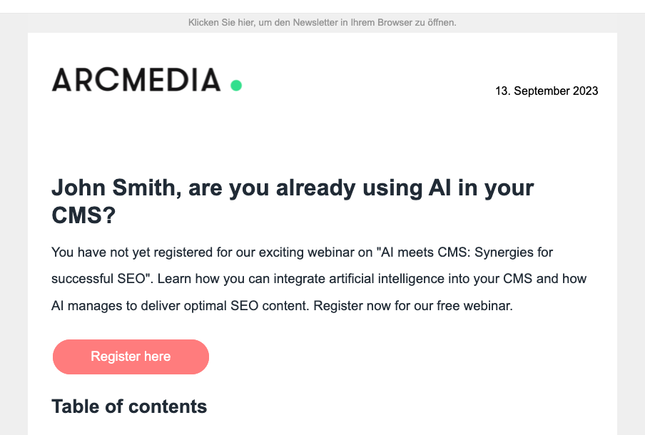 Example of an automated email to interact with existing customers