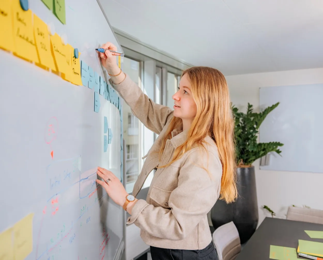 Frau mit blonden Haaren steht vor einem White Board.